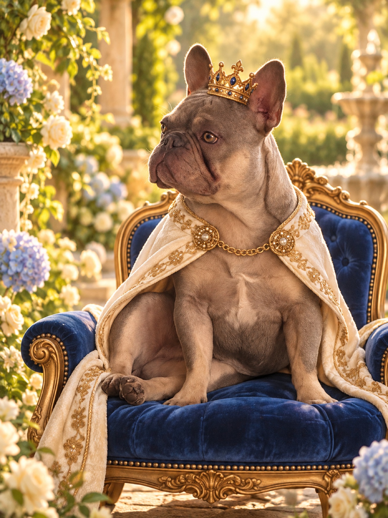 Winston the French bulldog wearing a crown, sitting on a throne like a king